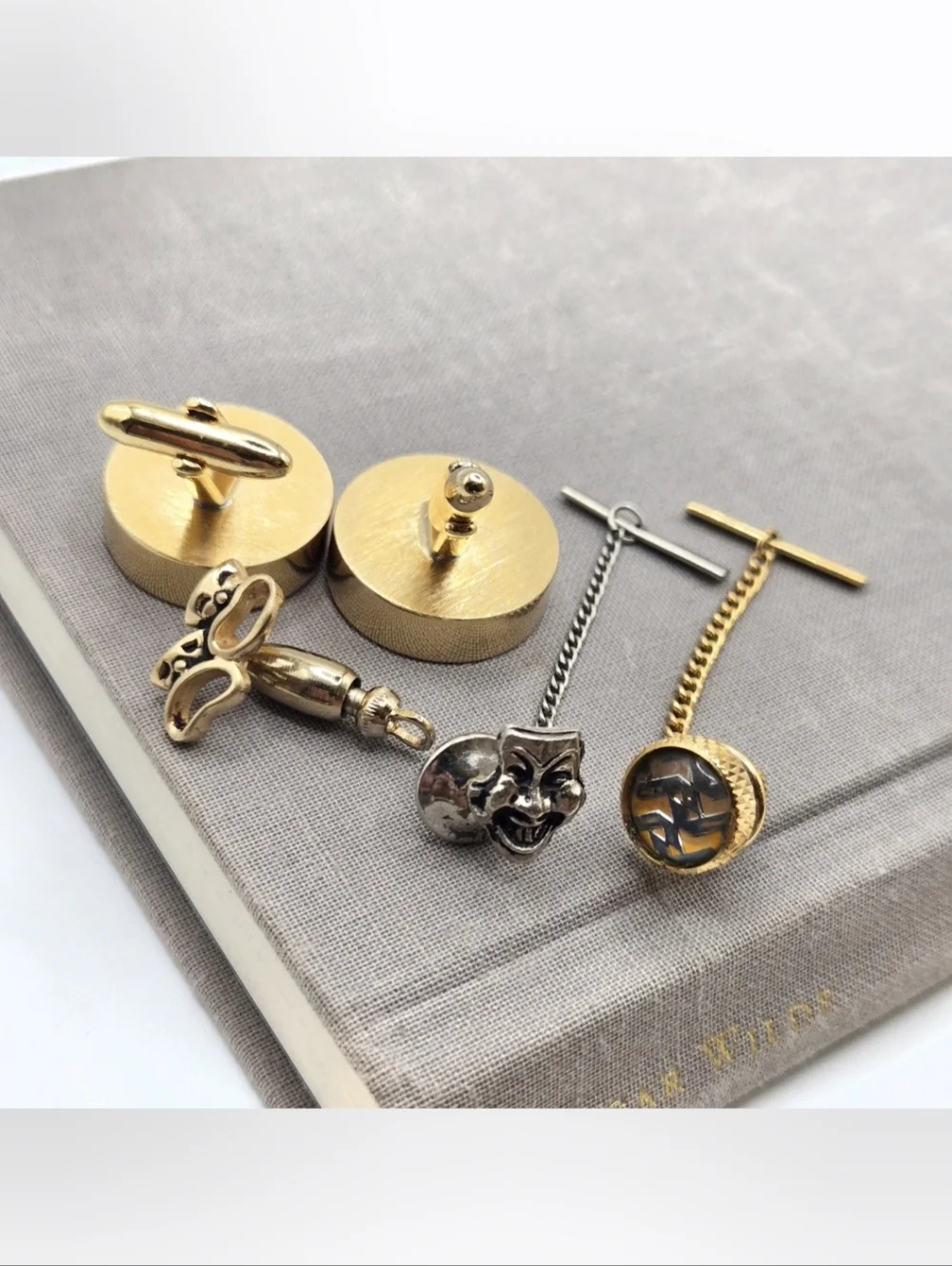 Vintage Gold Cufflinks Tie Tack Retro Elcectic Grandpa Mid Century Geometric